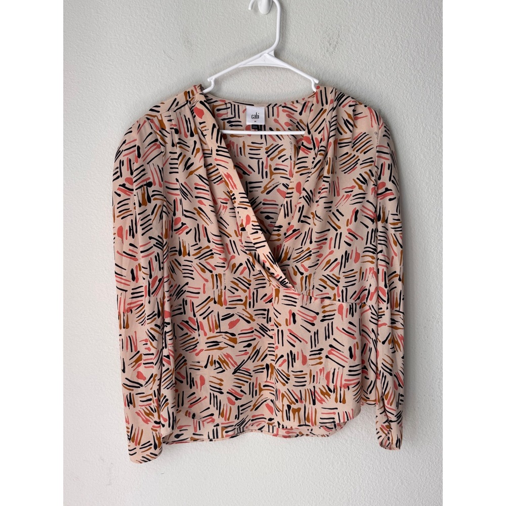 Cabi 4162 Abstract Brushstroke Surplice V-Neck Blouse Pink Tan Black Medium